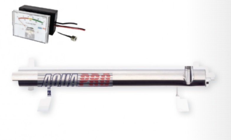 Stérilisateur UV vertical 12 GPM – 39 W – AQUAPRO acier inoxydable avec moniteur UV