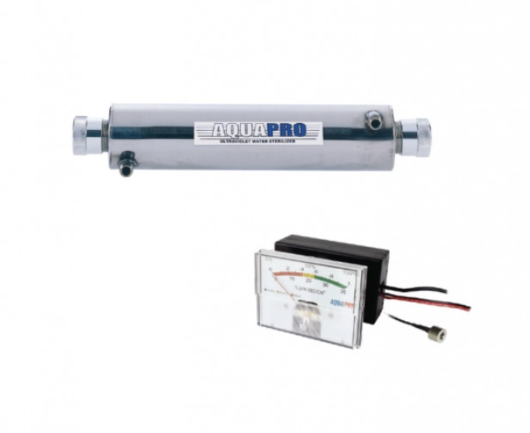Stérilisateur UV Aquapro 1 GPM – 14 W – Acier inoxydable avec moniteur UV